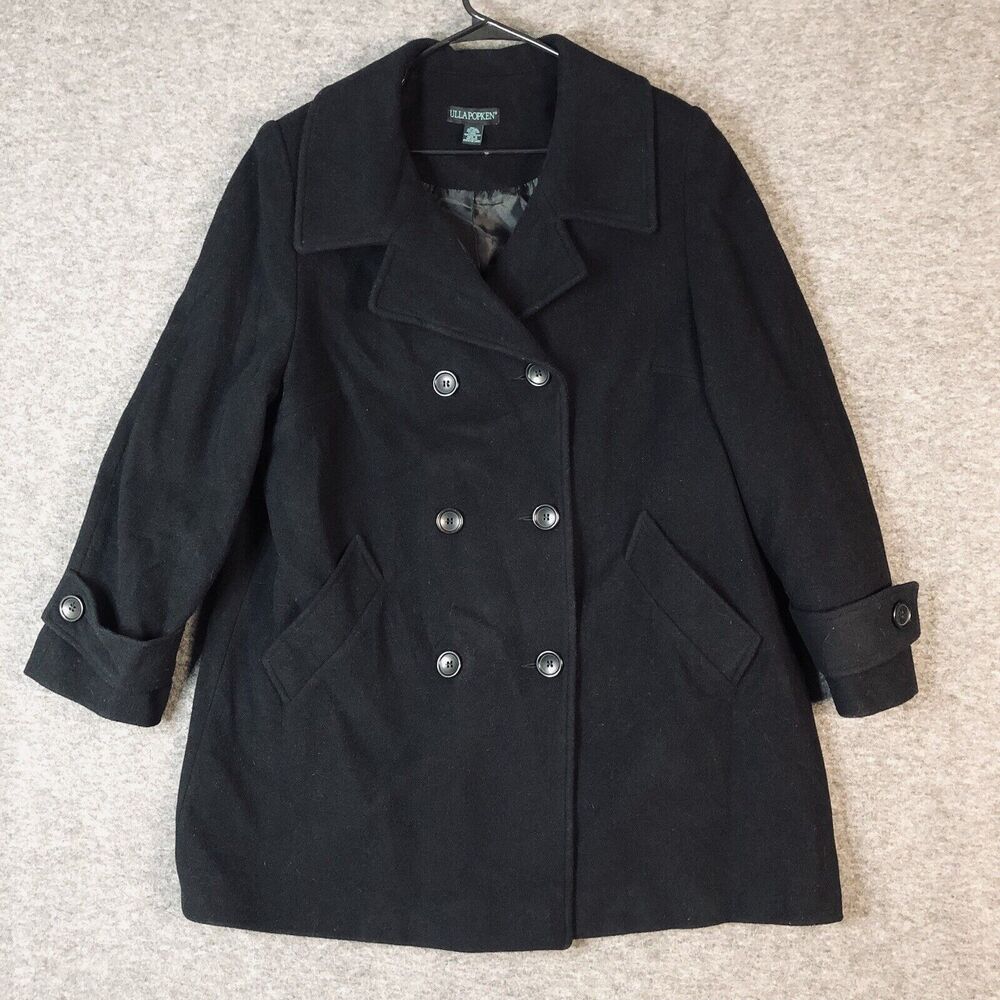 Ulla Popken Pea Coat 12-14 Womens Wool Blend Black Double Breasted Button Lined